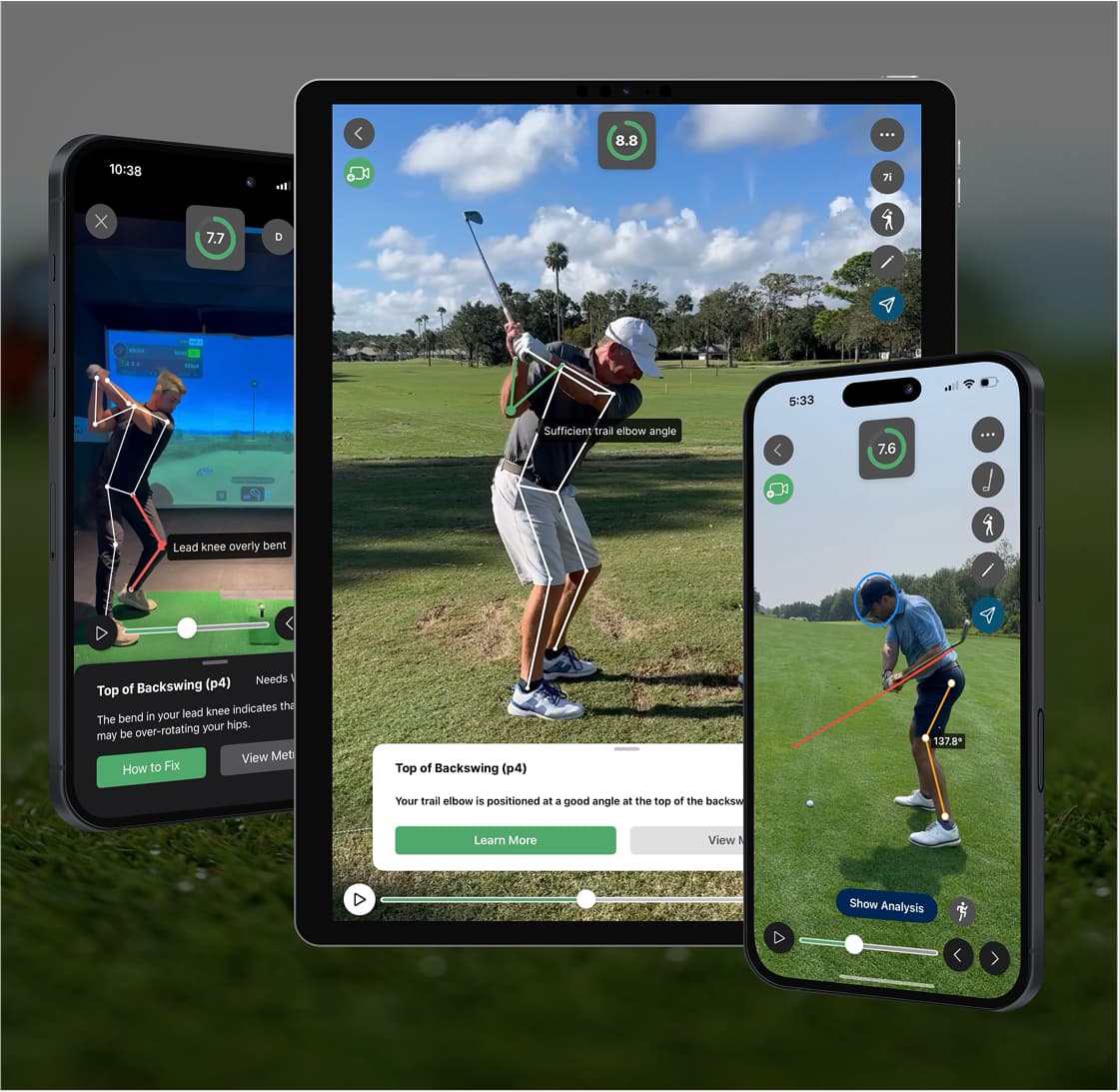 Greenside AI swing analysis shown across iPhone and iPad screens