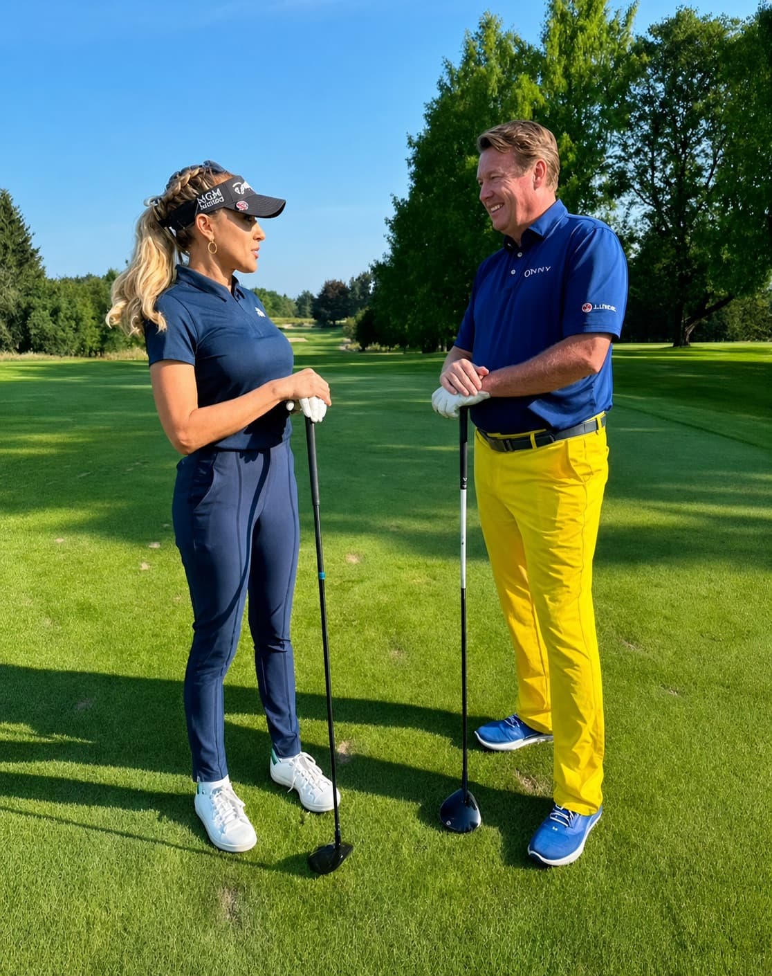 Jimmy Hanlin and Natalie Gulbis standing with golf clubs on a fairway